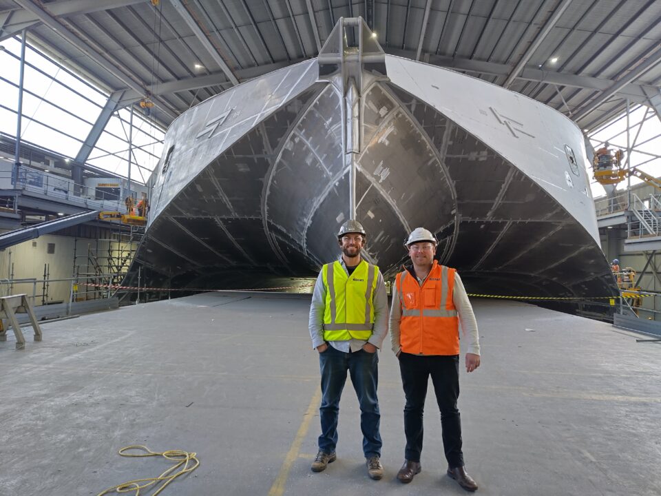 AWBF visits INCAT. Standing before the worlds largest electric ferry currently under construction at INCAT.